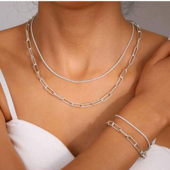 Sterling Silver 925 Paperclip Chain & Tennis Necklace Set - Picture 2 of 2